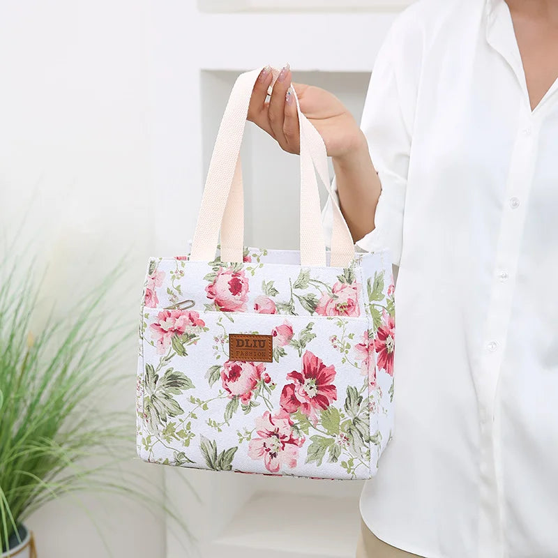 Sac à déjeuner esthétique imprimé Floral, sac à Bento isolé de grande capacité, sac à main isotherme pour l'école, le travail, les voyages et le pique-nique