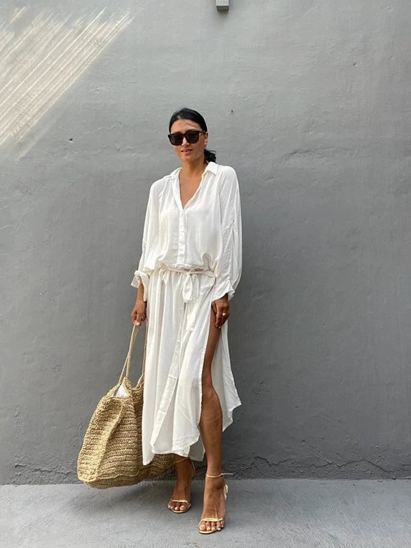 Túnica de playa tipo pareo para mujer 2026, de algodón blanco liso, cuello alto, conjunto de playa