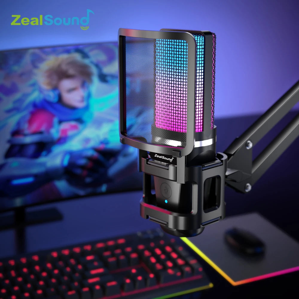 Zealsound – Microphone USB à condensateur RGB avec bras articulé pour gaming, podcast et YouTube
