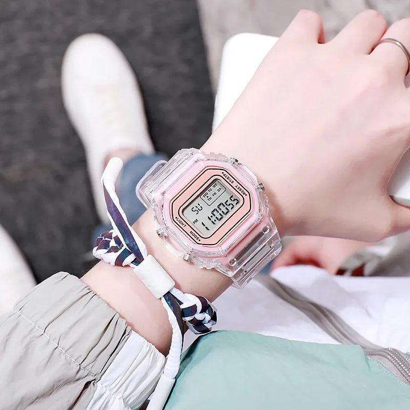 LED Transparent Digital Watch for Kids Men Women Square Small Luminous Dial Sport Electronic Wristwatch Kids Watch