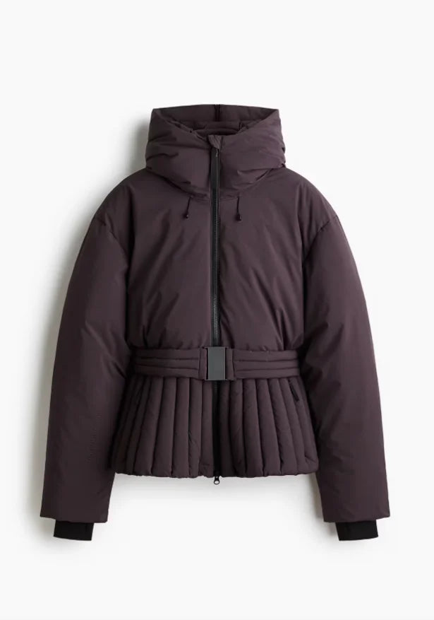 Women's Chic Hooded Cotton Coat with Belt, Casual Long Sleeve Stand Collar Zipper Short Ski Outerwear, Winter Sports Puffer Jacket, 2026