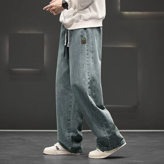 Men's Wide Leg Washed Jeans, Neutral Solid Color Loose Casual Straight Trousers, Outdoor Fashion, Plus Size 8XL, New Autumn Collection