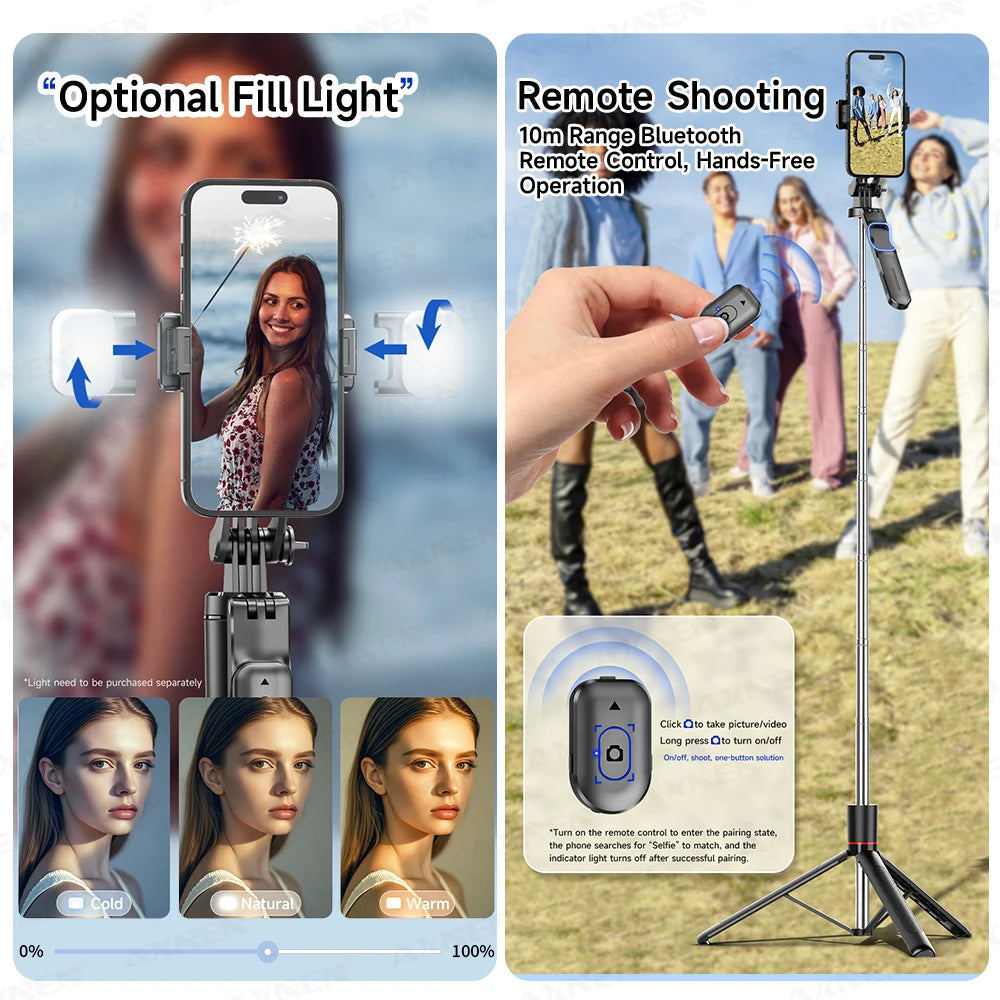 Perche à selfie trépied 1708mm avec télécommande Bluetooth — rotation 360°, interface 1/4", lumière optionnelle