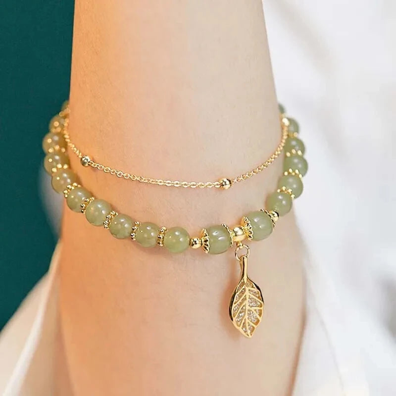 Pulsera de Jade verde de estilo chino para mujer, exquisita pulsera de cadena doble con hojas de color dorado, regalos para niñas