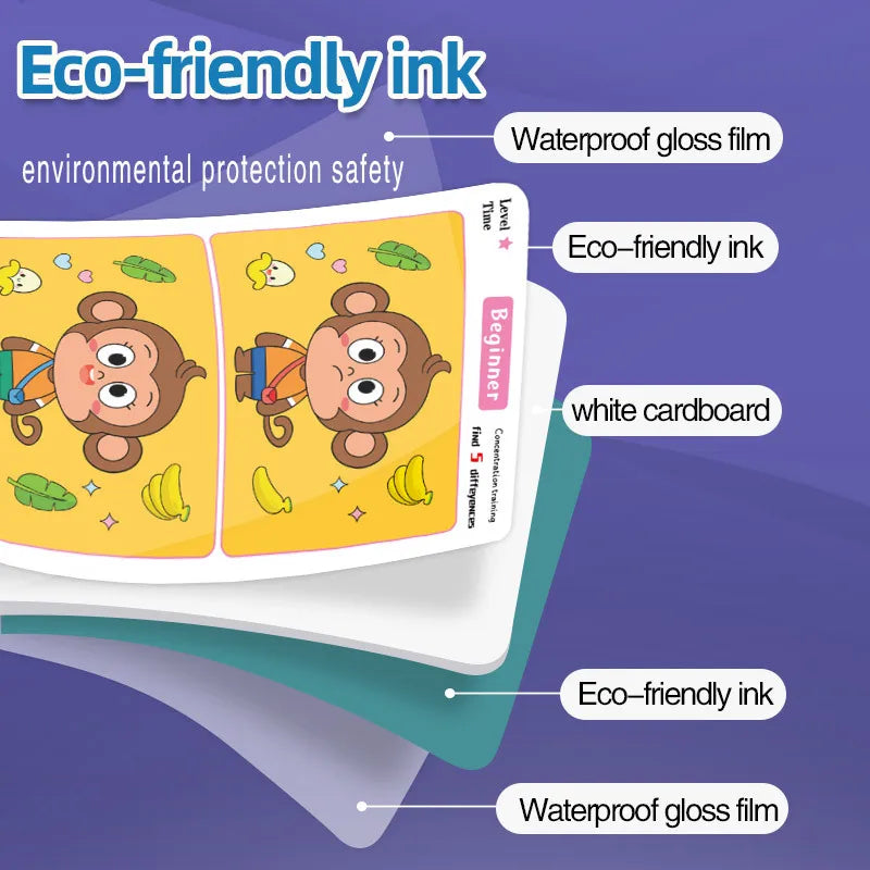 Trouver des différences Jeu de cartes Puzzle éducatif de dessin animé réutilisable pour enfants Trouvez des niveaux de difficulté pour la formation à l'attention de concentration
