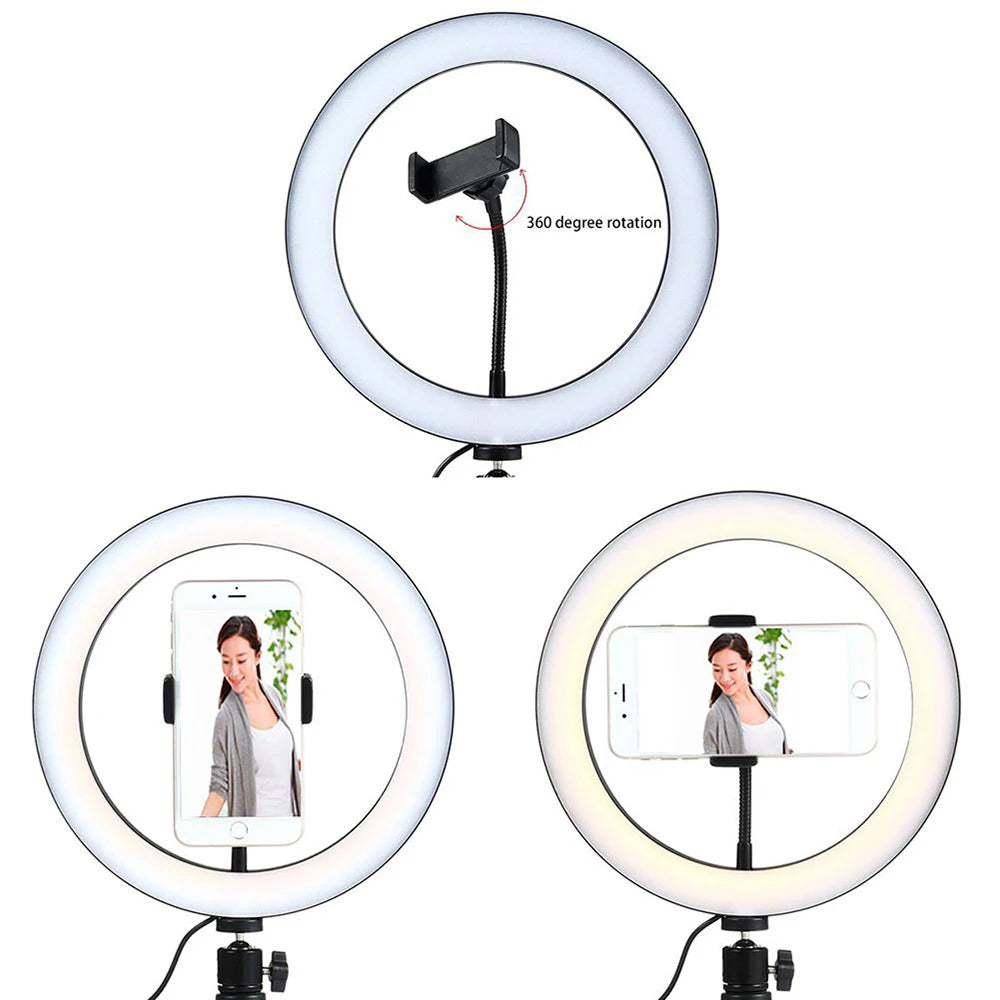 Anneau Lumineux LED Selfie 26cm 120 Perles avec Trépied — Kit Éclairage USB Vidéo