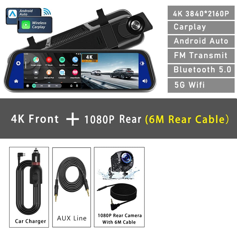 Dashcam 10" 4K GPS 5G WiFi — Rétroviseur Flux AUX Enregistreur FM