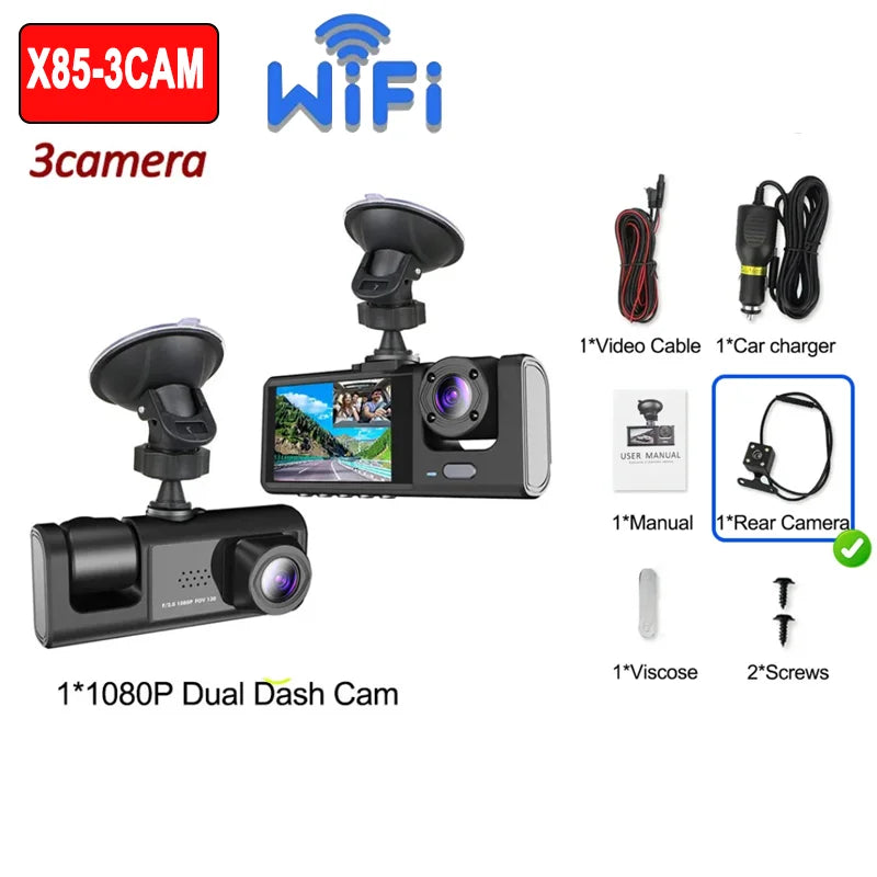 Dashcam WiFi 3/2 Objectifs 1080P — Vision Nocturne Avant Arrière Enregistreur