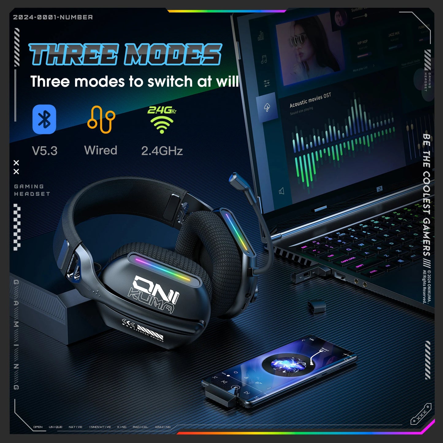 Casque gaming sans fil 3 modes — micro, éclairage RGB, Bluetooth 5.3, 2.4G, AUX 3.5mm, e-sports