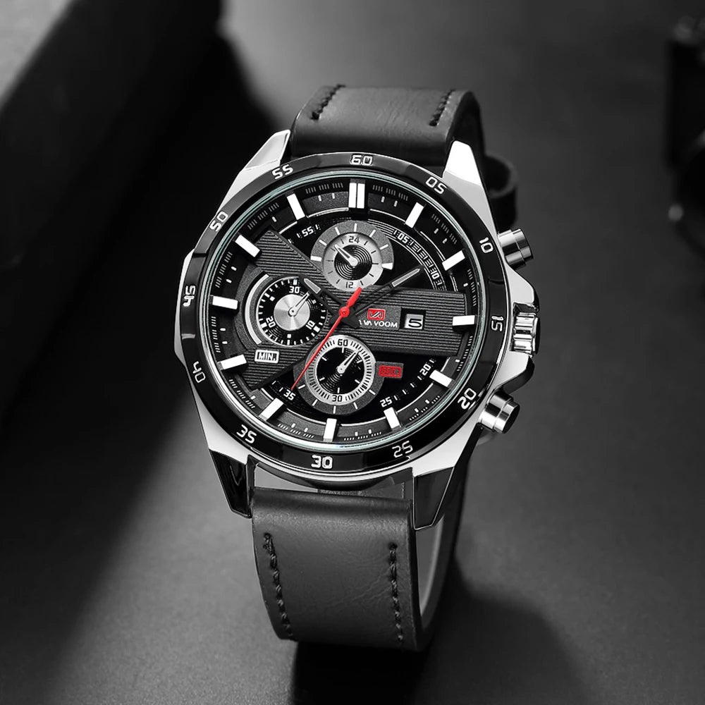 Montres de sport pour hommes, série de course de mode, 46mm, horloge en cuir noir VA VA VOOM, mouvement à Quartz 3Bar, montre-bracelet étanche pour hommes