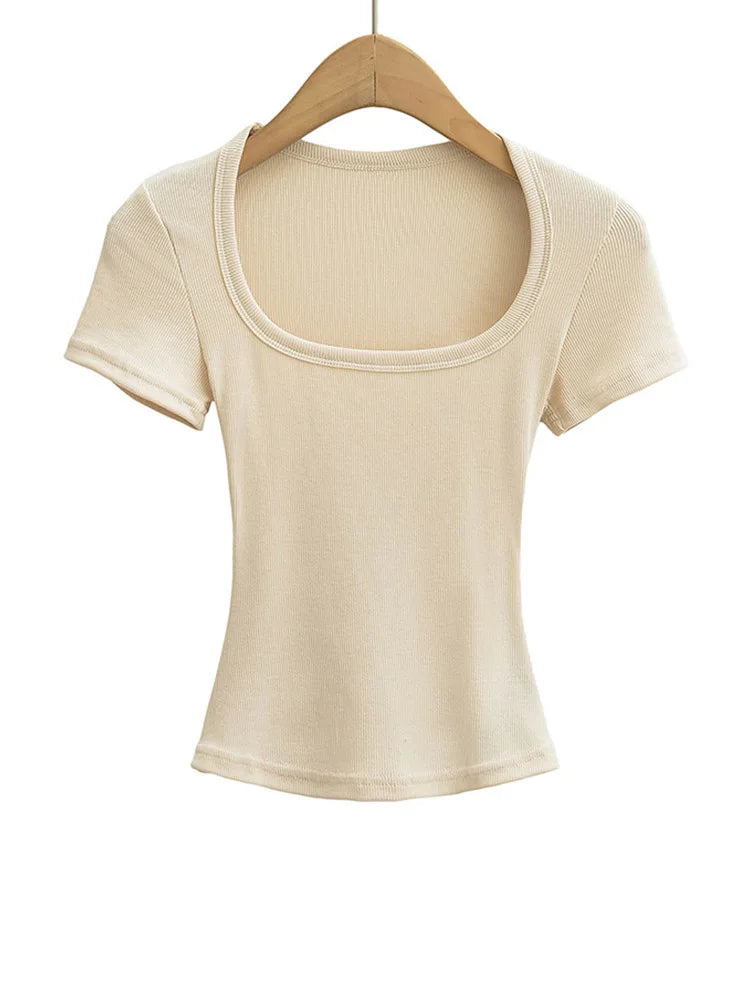 Haut Court Col Carré Femme — Coupe Cintrée, Extensible, Manches Courtes, Sexy Été