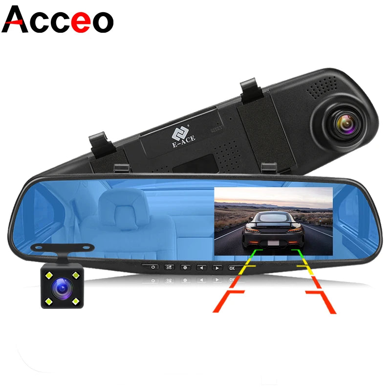 Dash Cam de 4,3 pulgadas "mini espejo retrovisor digital dashcam, doble cámara frontal y trasera IPS Cámara delantera y trasera Registrador Negro