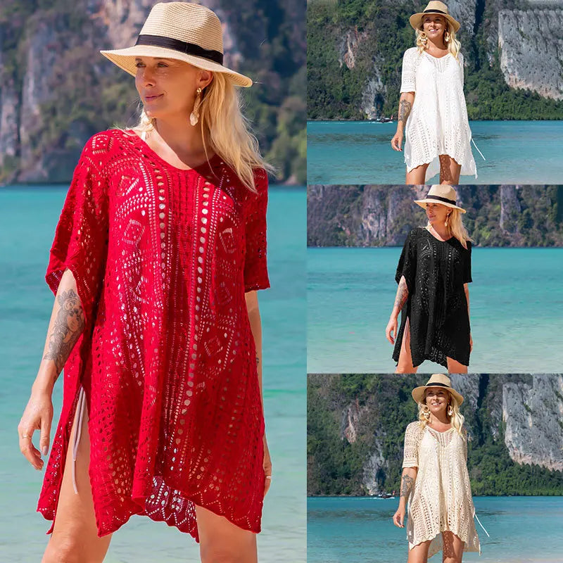 2025 Vestido de ganchillo blanco de punto para playa, túnica larga, pareos, cobertores de bikini, vestido de playa, ropa de playa