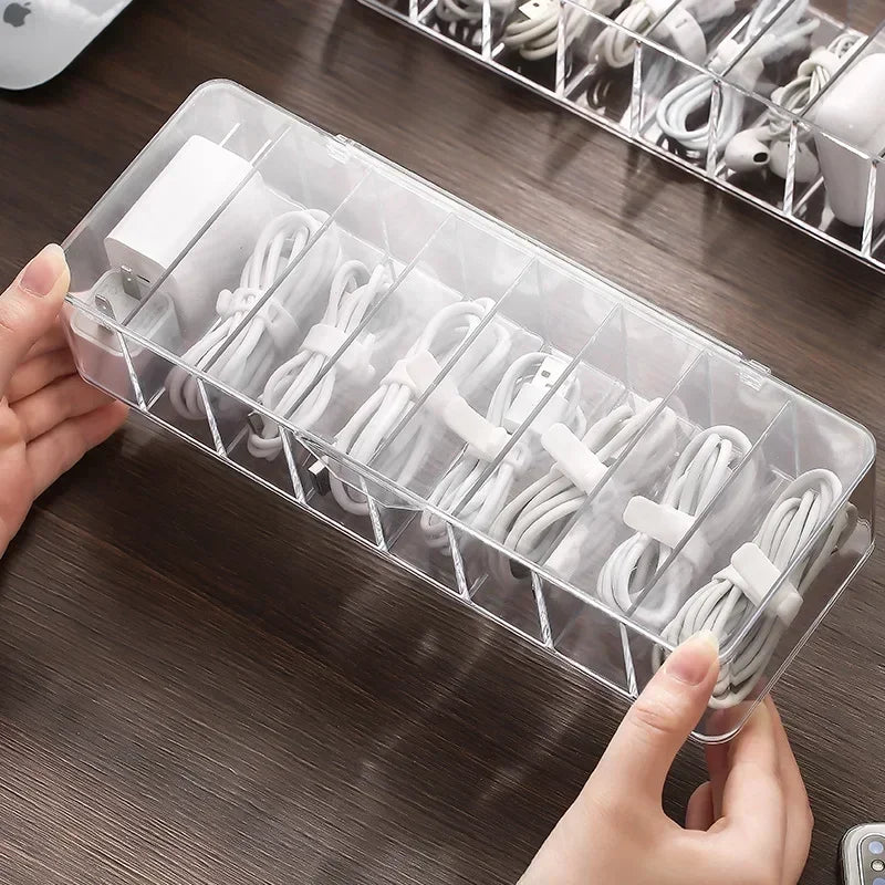 Clear Plastic Data Cable Storage Box, Household Cable, Mobile Phone Charger, Charging Cable Finishing Box, Divided Grid Box