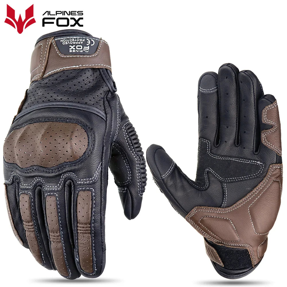 Gants moto en cuir marron vintage pour homme — certification CE, écran tactile, motocross, course