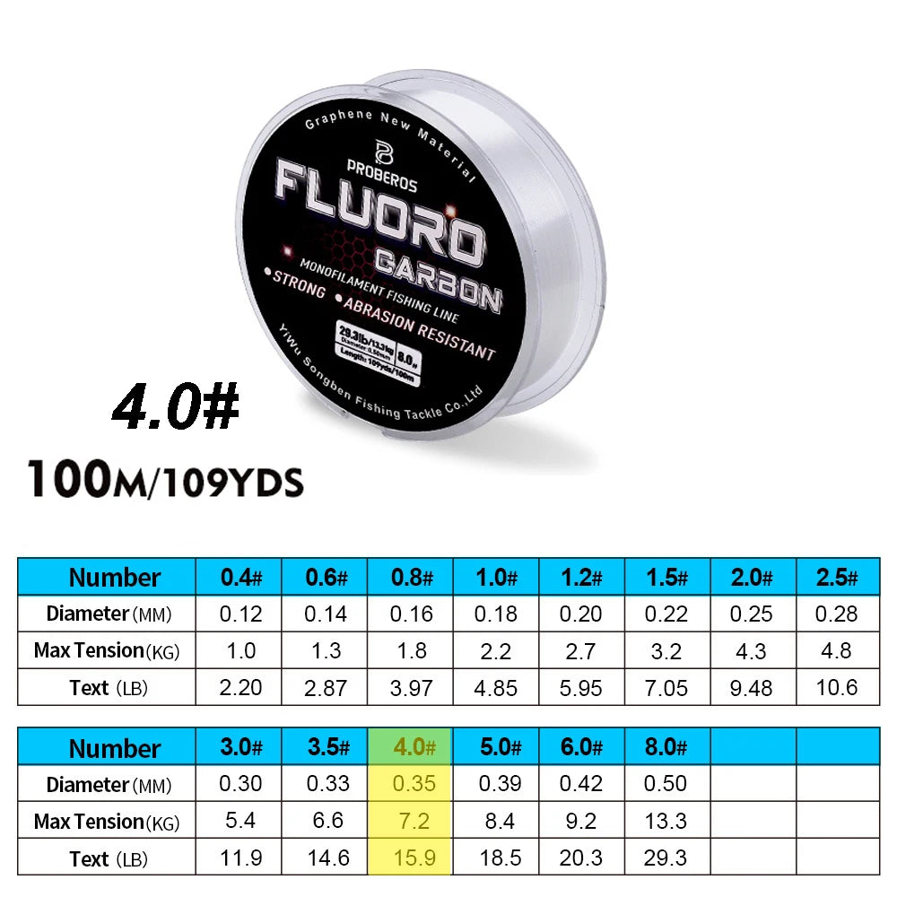 PROBEROS 100M ligne de pêche à revêtement fluorocarbone 2.2LB-29.3LB ligne de Leader Monofilament en Fiber de carbone ligne de pêche à la carpe