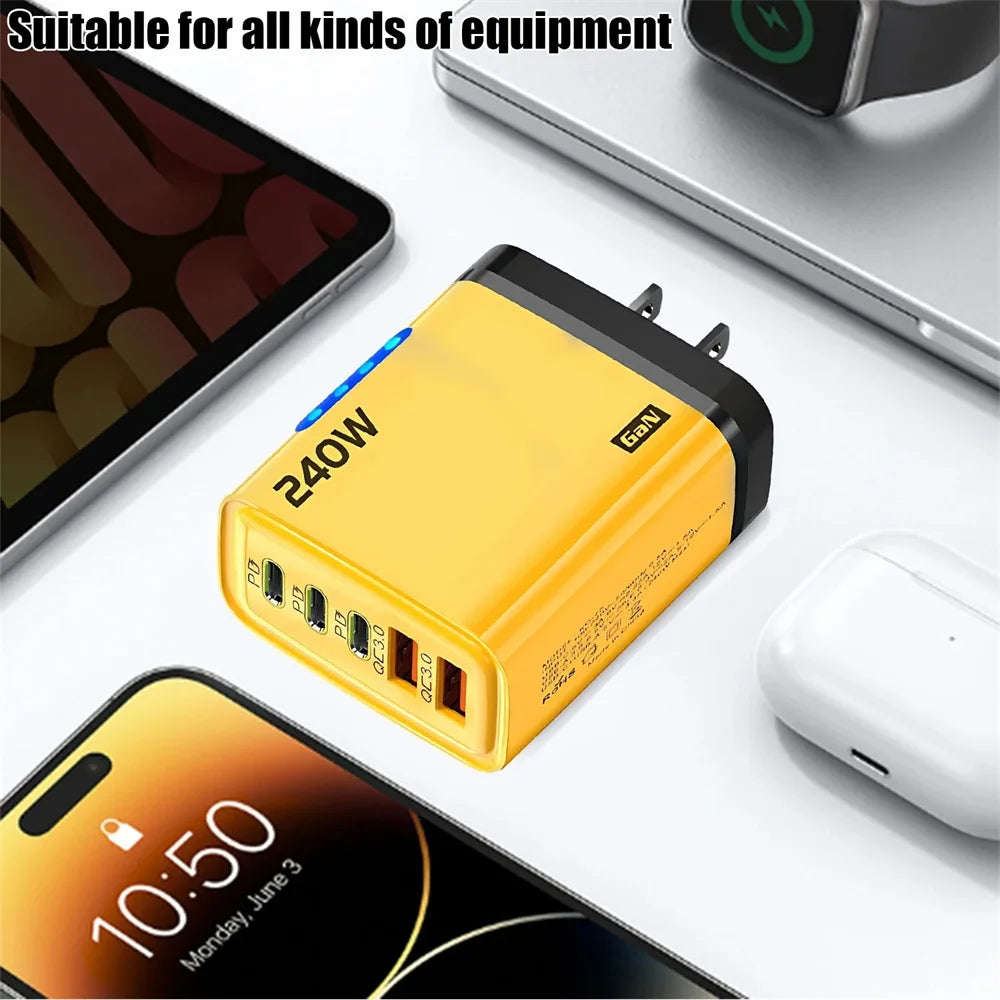 Chargeur de téléphone GaN 5 en 1 240W, adaptateur de charge rapide 10A, câble USB vers Type C, 3 ports PD, 2 ports USB, pour iPhone 16 15 Pro, Xiaomi