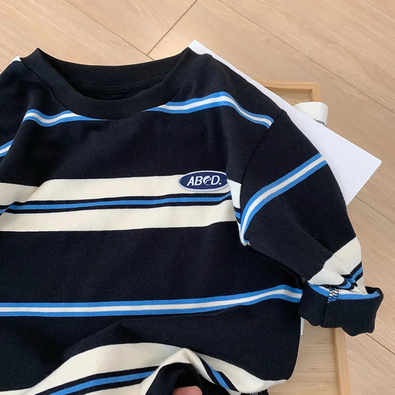 2025 automne enfants vêtements filles manches longues chemises à bascule Cool garçons rayure coton T-shirt adolescent ample décontracté 2-7y enfants haut