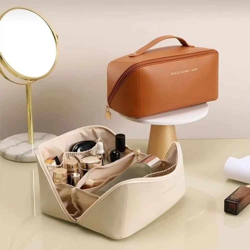 Bolsa de almacenamiento de cosméticos de viaje portátil, bolsa de maquillaje de gran capacidad, impermeable, para belleza y cuidado de la piel, almohada de belleza, neceser
