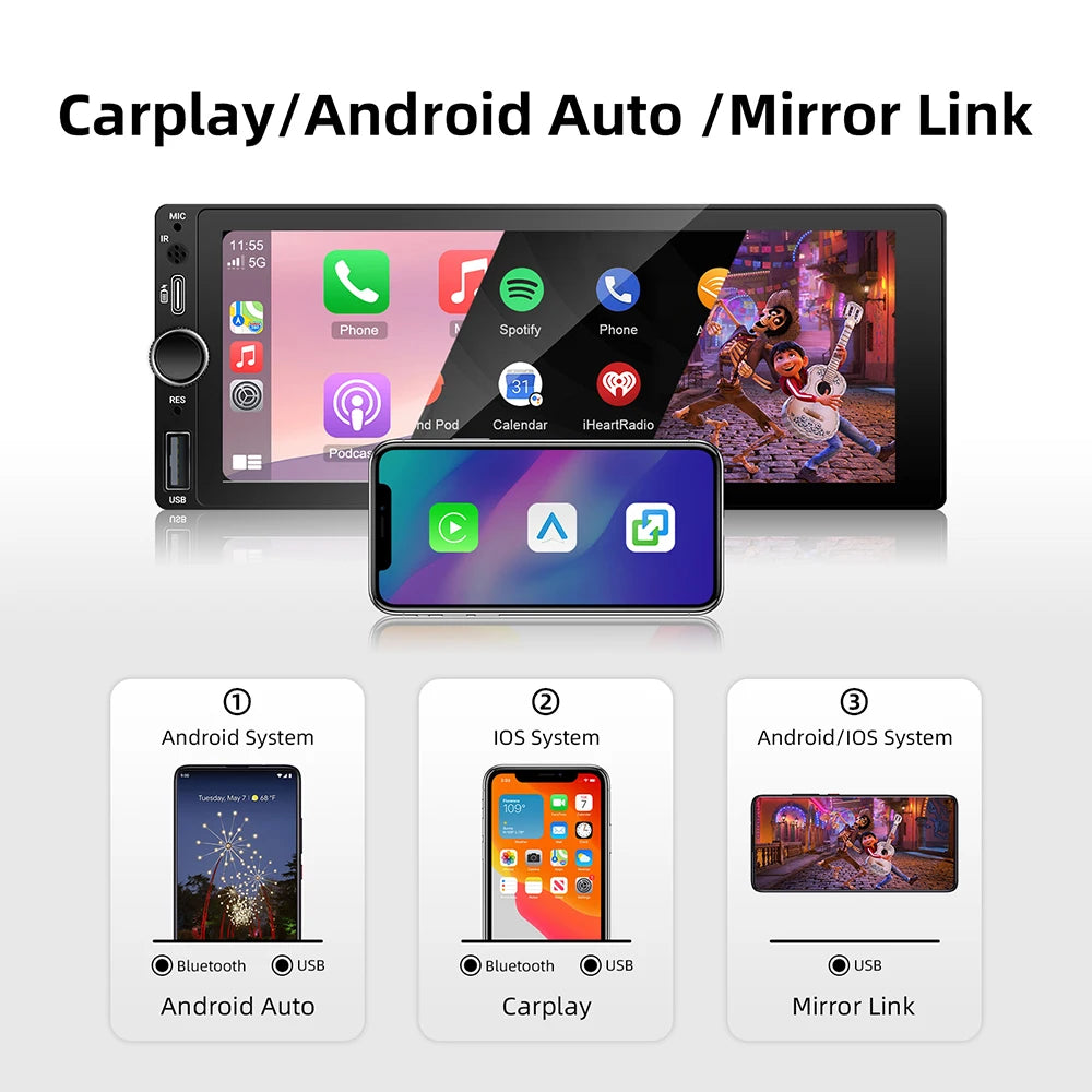 1DIN 6.86 inch Universal MP5 Car Radio Support Wireless Carplay Android AUTO AUX USB BT Touch Screen Multimedia Video Player