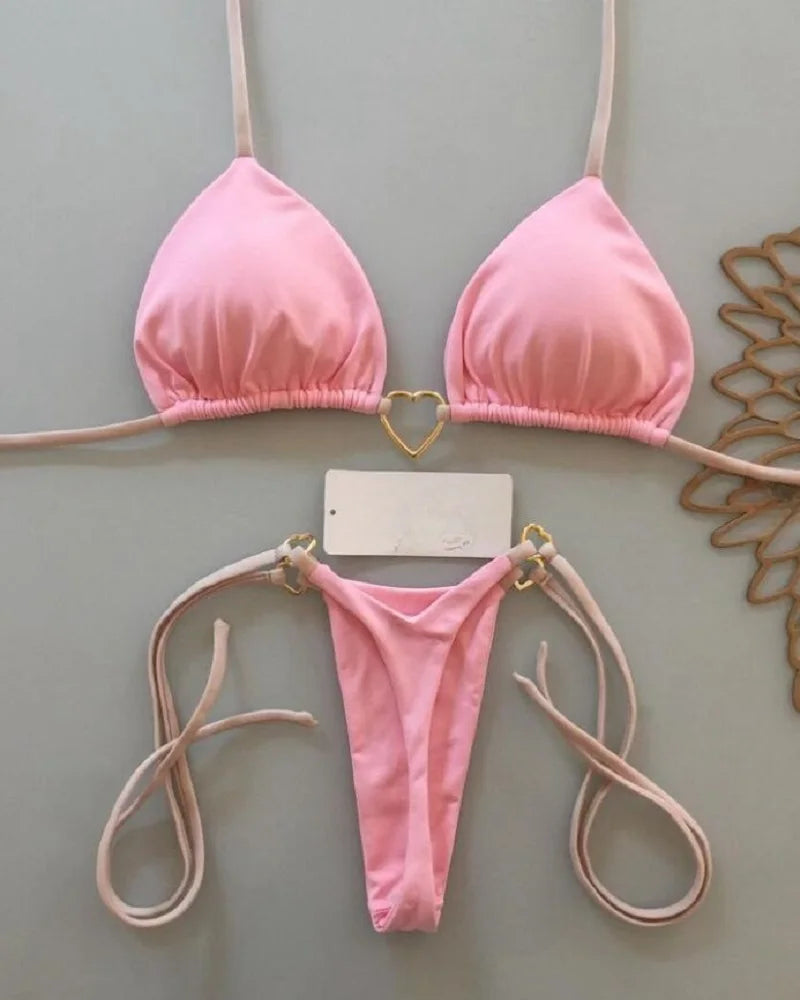 RUOTONSEPT-Maillot de bain deux pièces sexy pour femme, bikini brésilien, couleur unie, col licou, triangle, culotte tanga