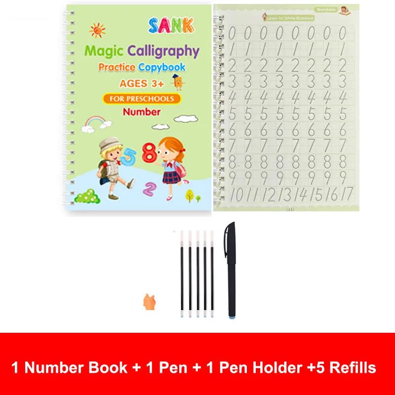 Cahier de pratique magique pour enfants — stylo, calligraphie, écriture réutilisable, préscolaire