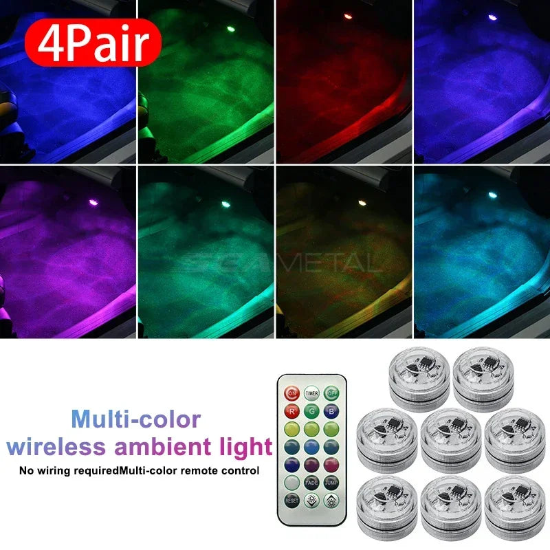 Lumière ambiante LED sans fil pour voiture — intérieur, toit, pied, atmosphère, télécommande, style diamant