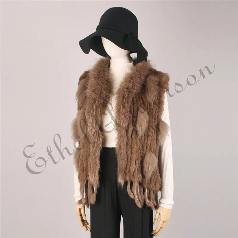Gilet à glands en véritable fourrure de lapin tricoté — vintage, garniture fourrure raton laveur