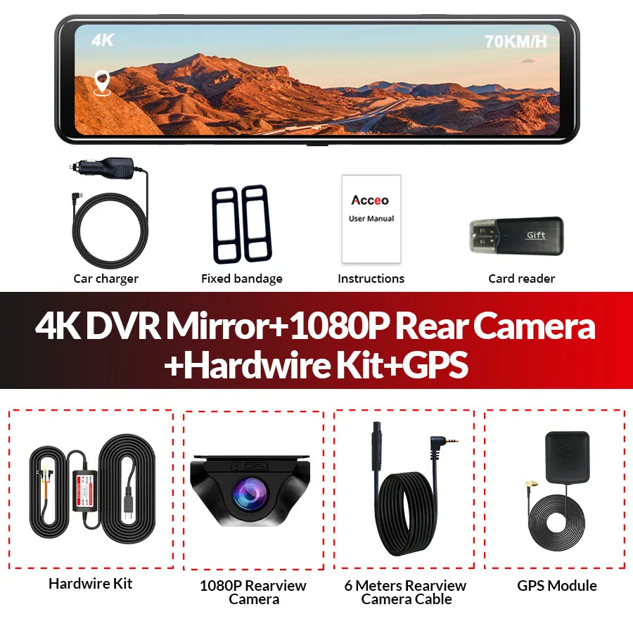 E-ACE A45P 4K WIFI GPS Coche DVR 12 Pulgadas Táctil IPS Pantalla Parque Retrovisor Opcional Cámara Trasera Dashcam Grabador de Vídeo