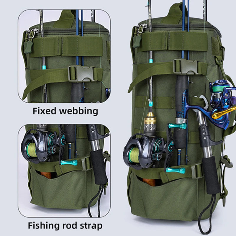 Sac à dos de pêche tactique, sac de matériel avec porte-canne, rangement d'équipement de poisson Molle Camping randonnée sac multifonctionnel en plein air