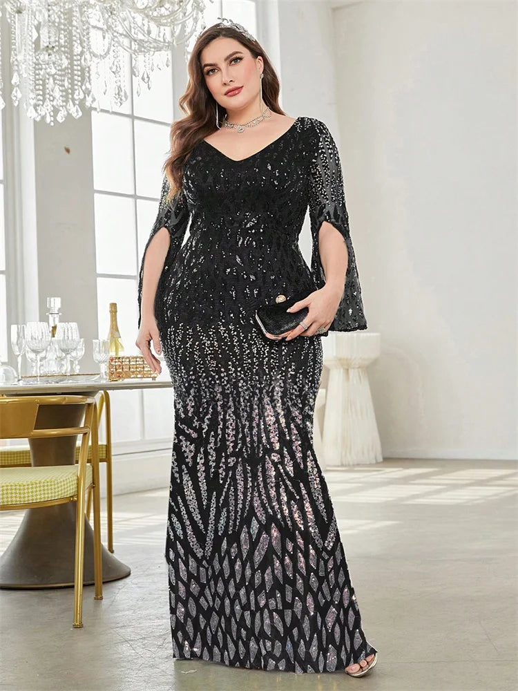 Grande taille élégante paillettes noir robe de soirée 2025 femmes formelle Maxi bal manches longues fête luxe robe de Cocktail