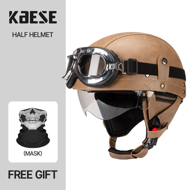 Casque Moto Demi-Visage Vintage DOT — Homme Femme Scooter Été Noir Marron