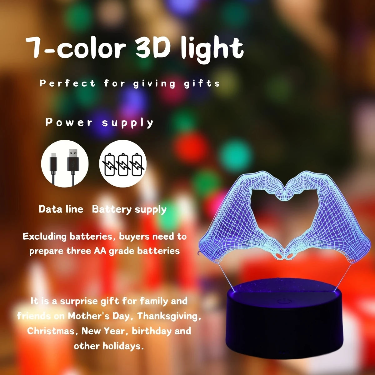 Veilleuse 3D en forme de cœur à deux mains, éclairage LED pour la maison, le bureau, la décoration de Noël, le paupières, la chambre, le cadeau d'anniversaire