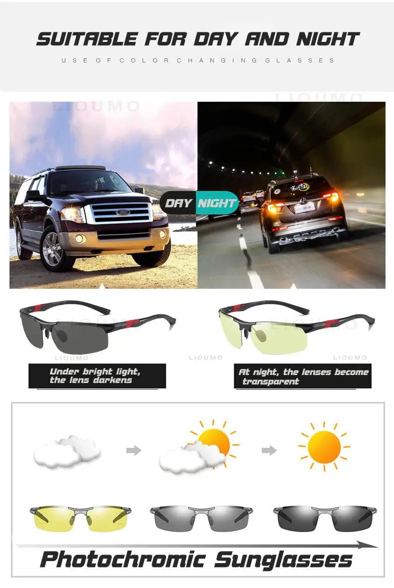Lunettes de soleil photochromiques sans monture aluminium polarisées — conduite jour et nuit
