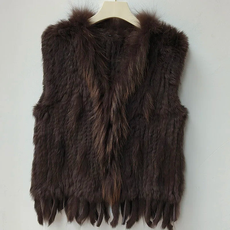 Chaleco de punto de piel de conejo natural auténtica con pompón, chaleco cálido sin mangas para mujer, con ribete de piel de mapache auténtica