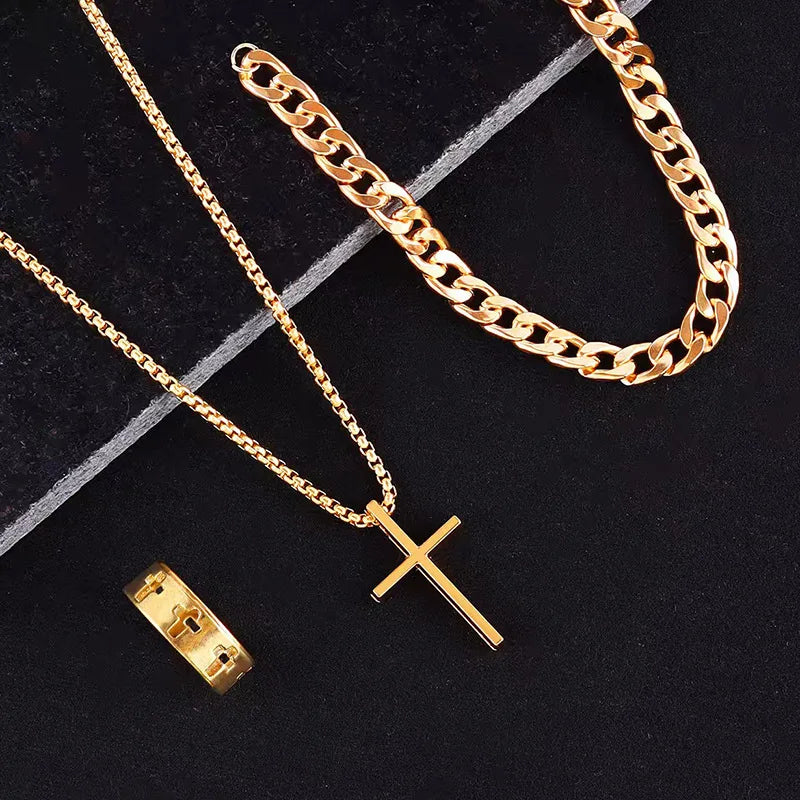 Superventas Nuevo set de joyas cruzadas de 3 piezas | Collar, pulsera, anillo de cadena | Accesorios de moda religiosa para mujeres y hombres, uso diario y regalo