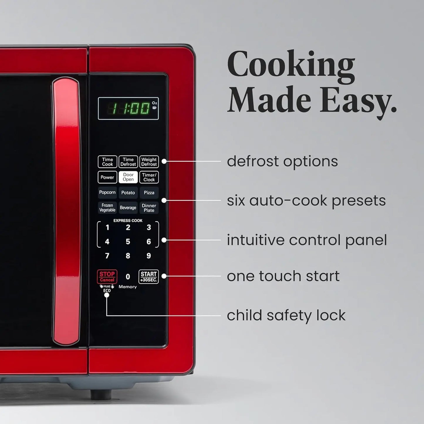 1,1 Cu. Pied. Micro-ondes de comptoir – 1000 W, cuisson automatique, dégivrage, facile à nettoyer, verrouillage pour enfants, rouge métallisé