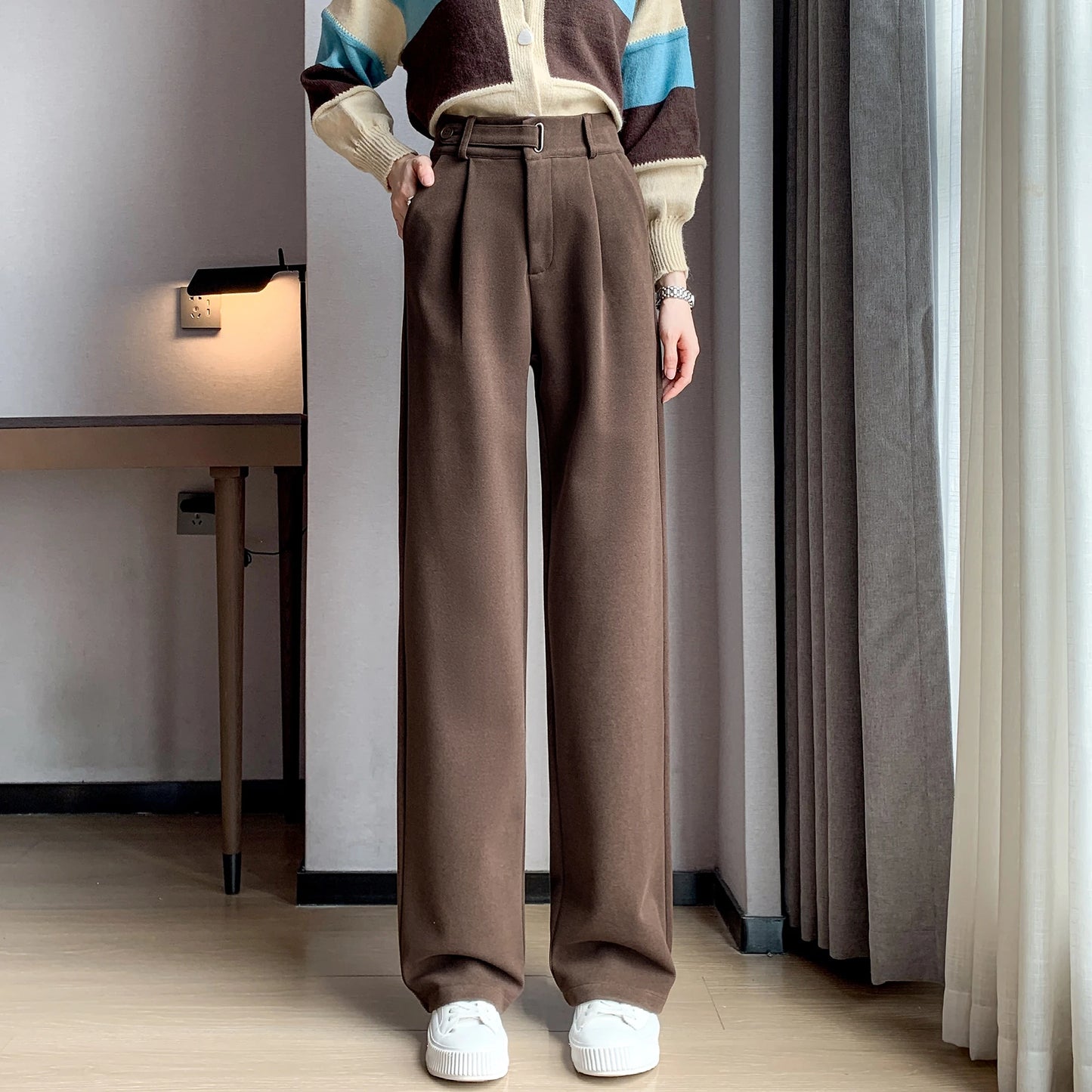 Seoul Autumn/Winter Thickened Wool Casual Loose Full Length Trousers 2025 New Button High Waist Chic Wide Leg Pants Women