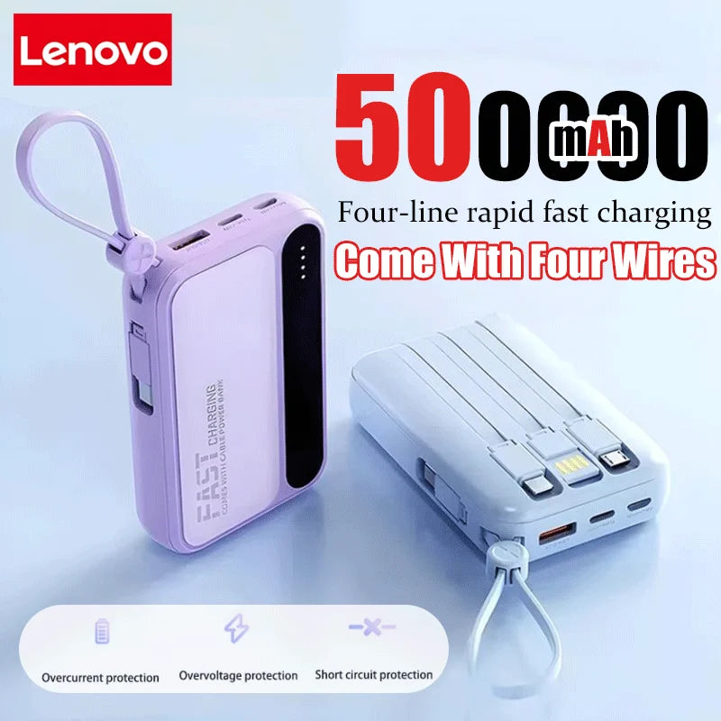 Batería externa Lenovo 120W 500000mAh de gran capacidad con 4 cables en 1, pantalla digital inteligente, batería portátil ligera para iPhone, nueva