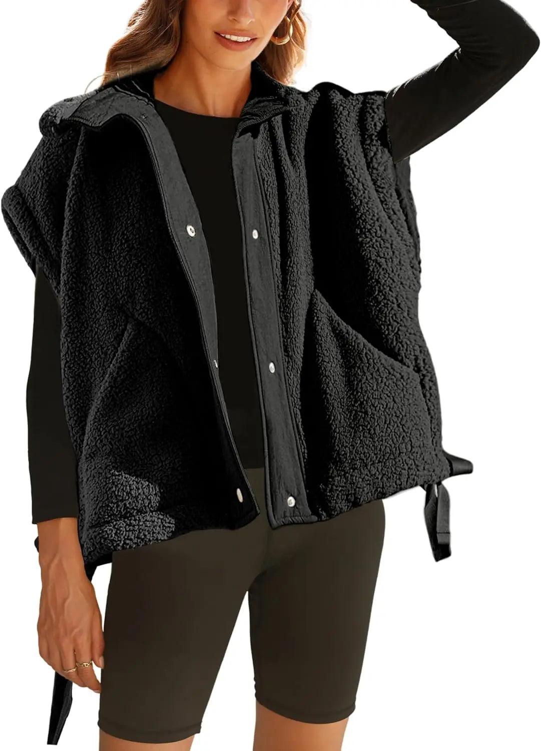Gilet polaire pelucheux pour femme, surdimensionné, sans manches, Sherpa, chaud, boutonné, vêtements d'extérieur avec poches