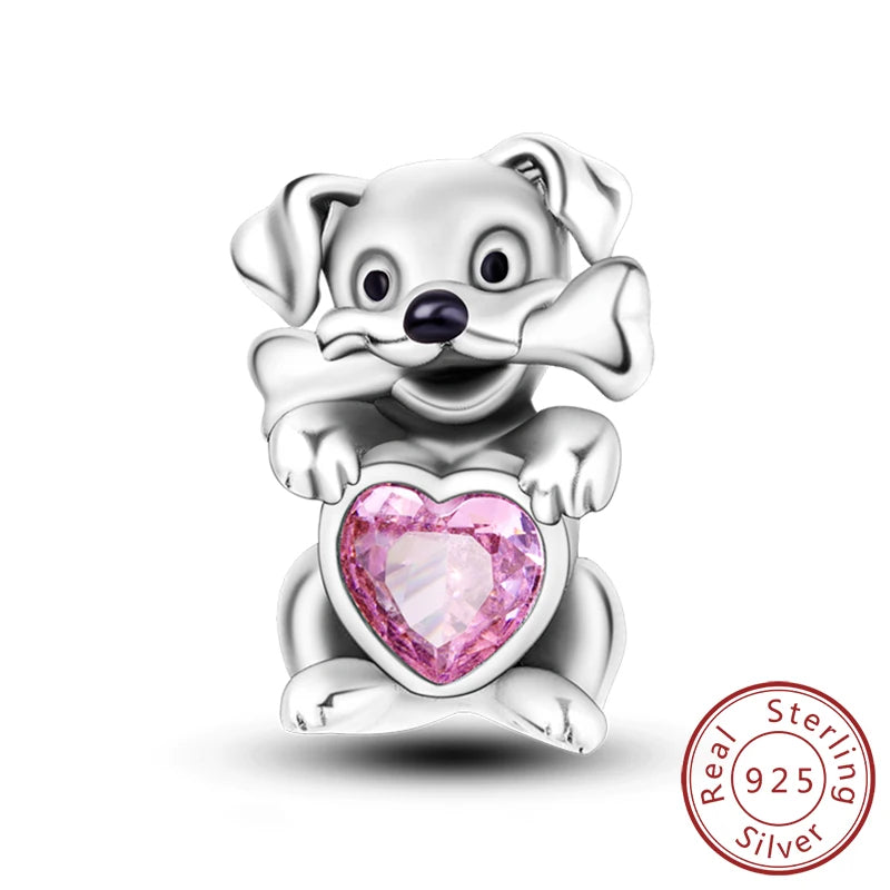 Abalorios de plata de ley 925 con huellas de perro, gato, corazón, animales, abalorios que se ajustan a pulseras, collares, colgantes, joyas para mujer, para hacer tú mismo