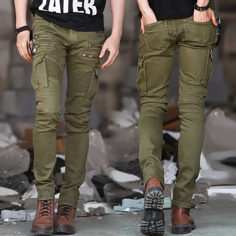 Men's Green Denim Biker Jeans, Slim Fit, Elasticated, Hip Hop, Military, Motorcycle, Cargo, New Track, DistMurcia