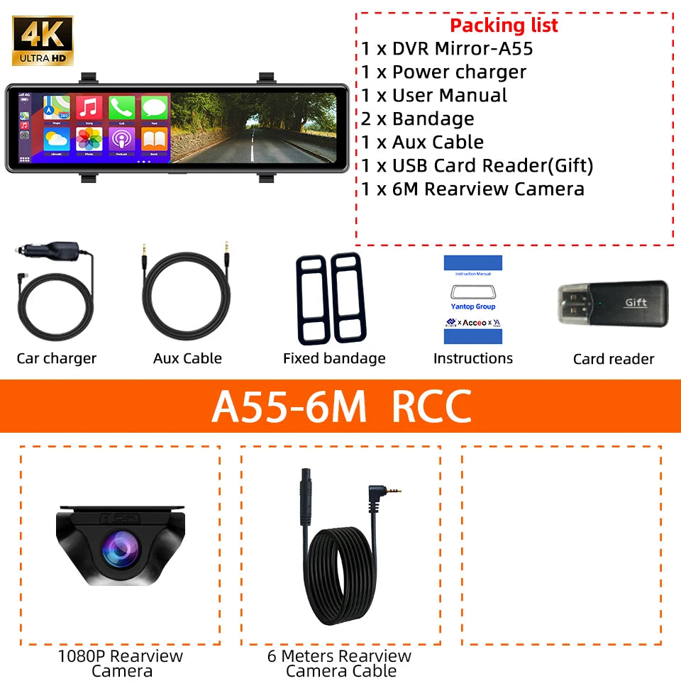 Dashcam Rétroviseur 4K — Carplay Sans Fil Android Enregistrement 24H Stationnement