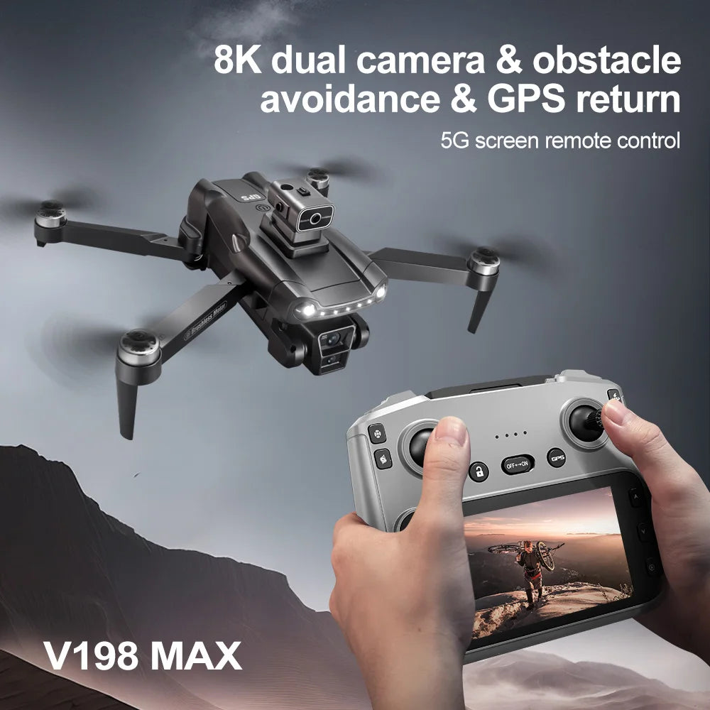 Drone GPS Lenovo V198Max 4K Profesional 8K HD Doble Cámara Motor Sin Escobillas 5G WIFI FPV RC Cuadricóptero Helicóptero con Pantalla Juguete
