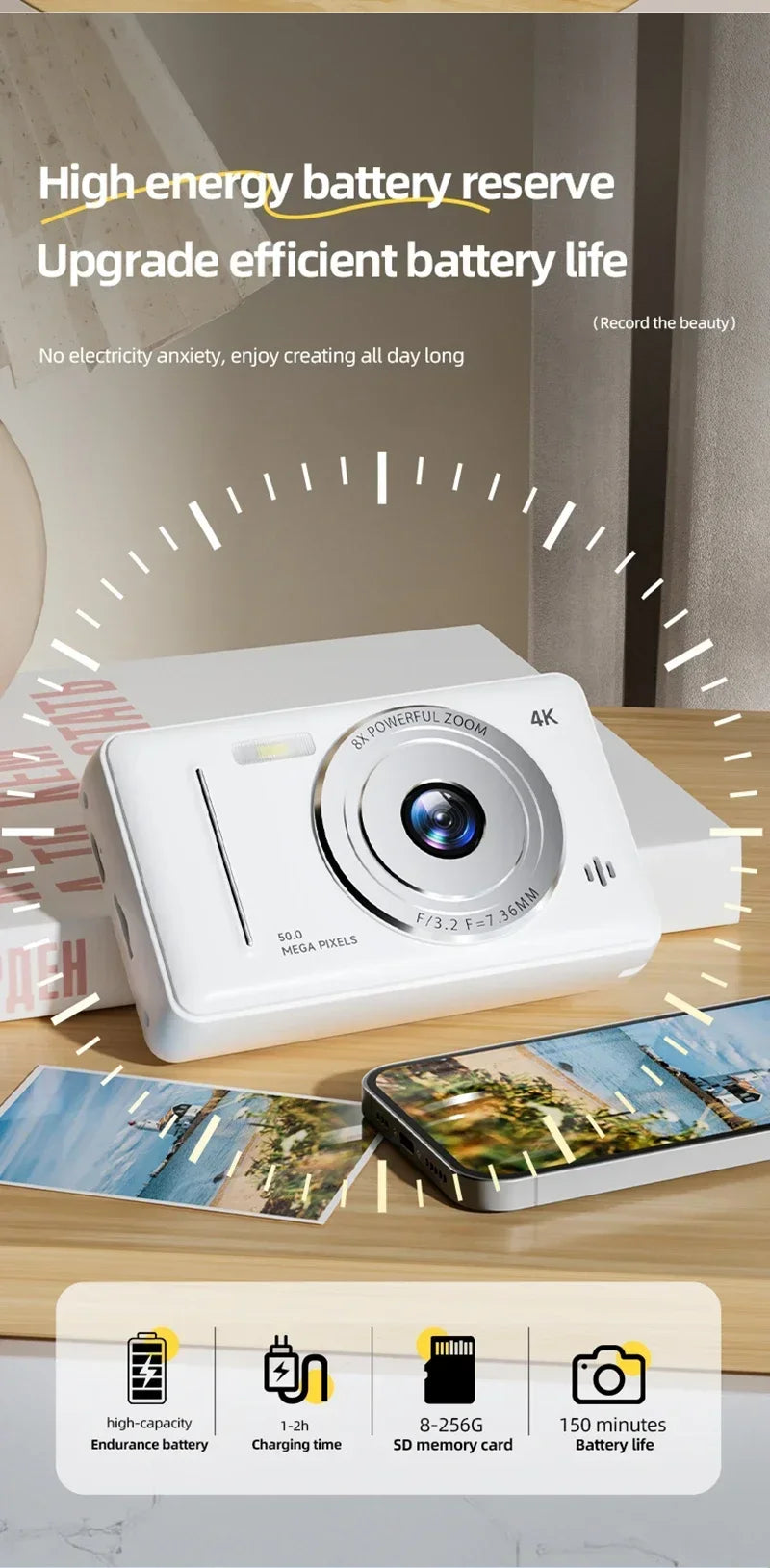 Appareil photo numérique rétro CCD portable — double caméra, flash, 50 MP, mise au point automatique