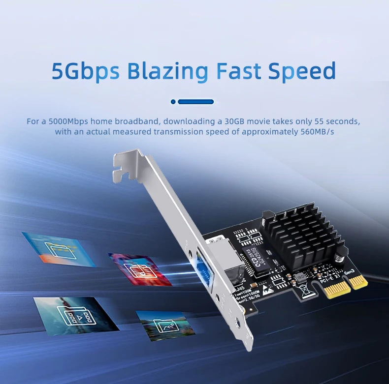 Ordinateur 5G carte réseau filaire Ethernet 5Gbps ordinateur de bureau PCI-E x1 à 5G adaptateur réseau 5000Mbps, adapté pour Windows 10/11