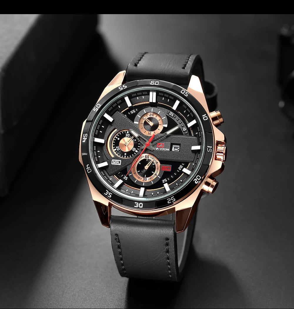 Montre à quartz en cuir pour homme, style sport, grand, décontracté, mode, original, noir, rose, or, calendrier, 46mm