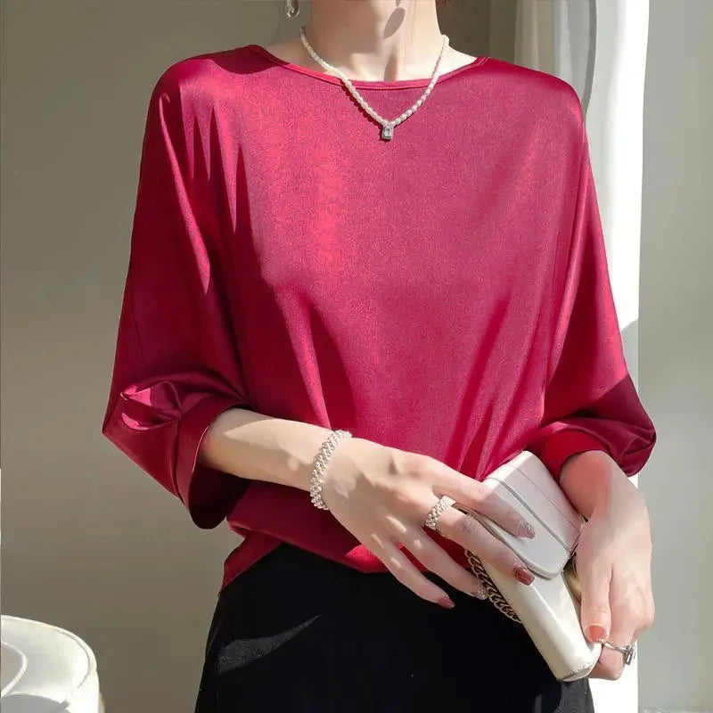 Nouveauté 2026 – T-shirt basique en satin de soie à manches courtes pour femme, col rond, coupe décontractée et légère, chemisier ample pour femme