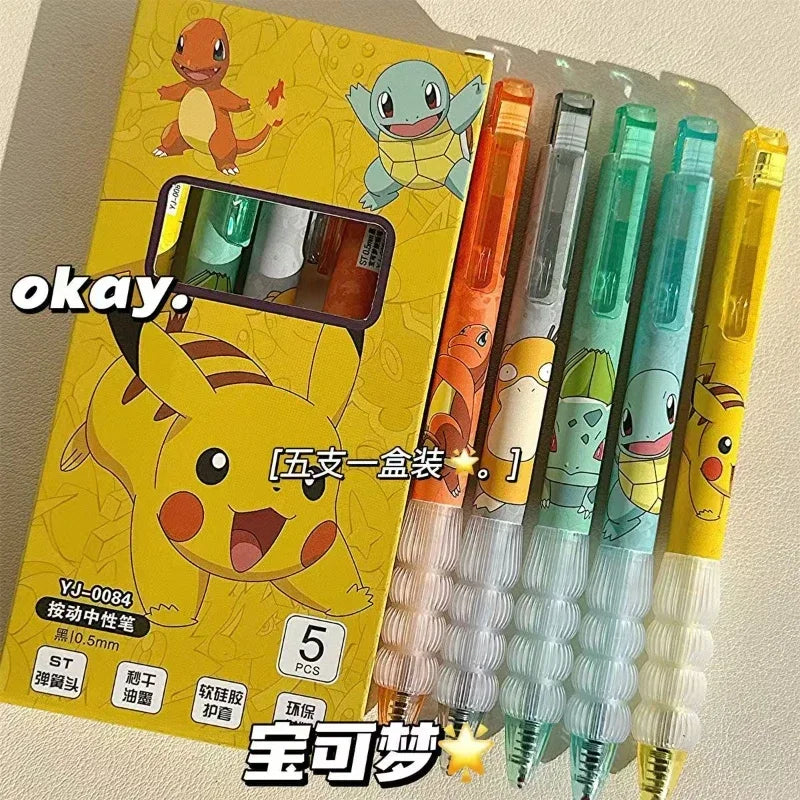 Stylos gel à pression dessin animé 5 pièces — papeterie scolaire et bureau, cadeau pour enfants