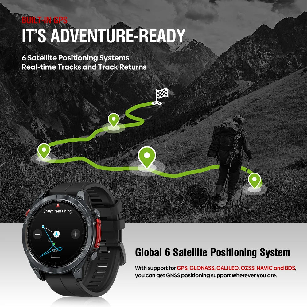 Smartwatch GPS 1,43" AMOLED — boussole, altimètre barométrique, lampe de poche, appel vocal, 2025